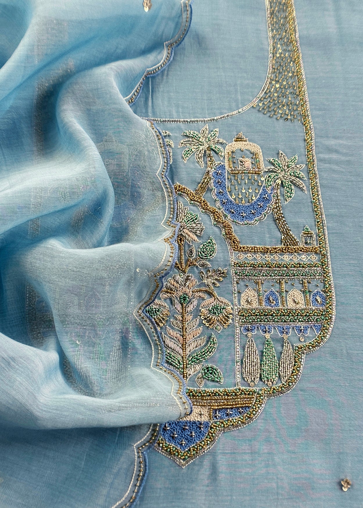 Ice Blue Handloom Mulmul Unstitched Suit Fabric With Handwork