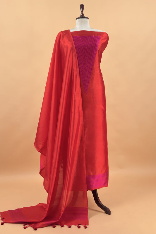 Red Pink Handloom Zari Weaving Silk Suit With Kora Dupatta
