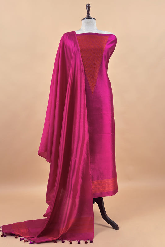 Rani Pink Handloom Zari Weaving Silk Suit With Kora Dupatta
