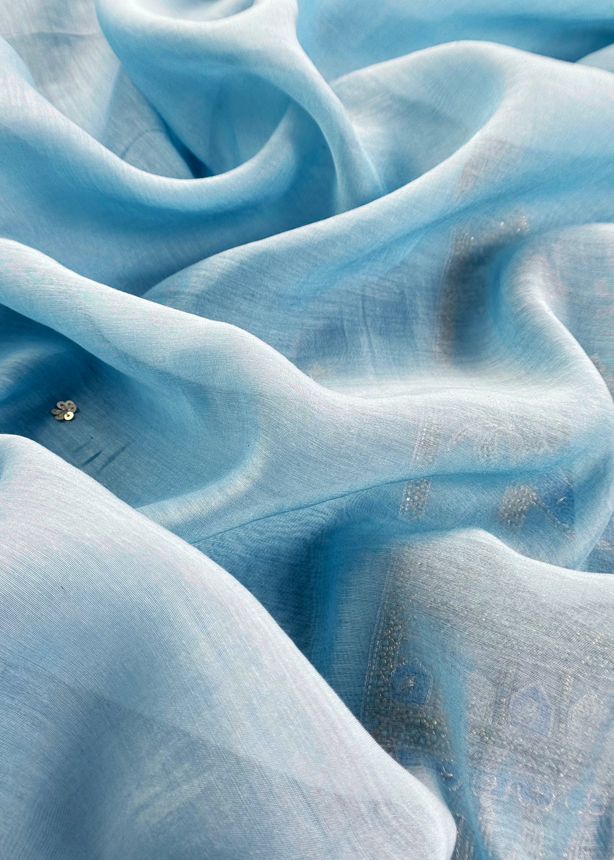 Ice Blue Handloom Mulmul Unstitched Suit Fabric With Handwork