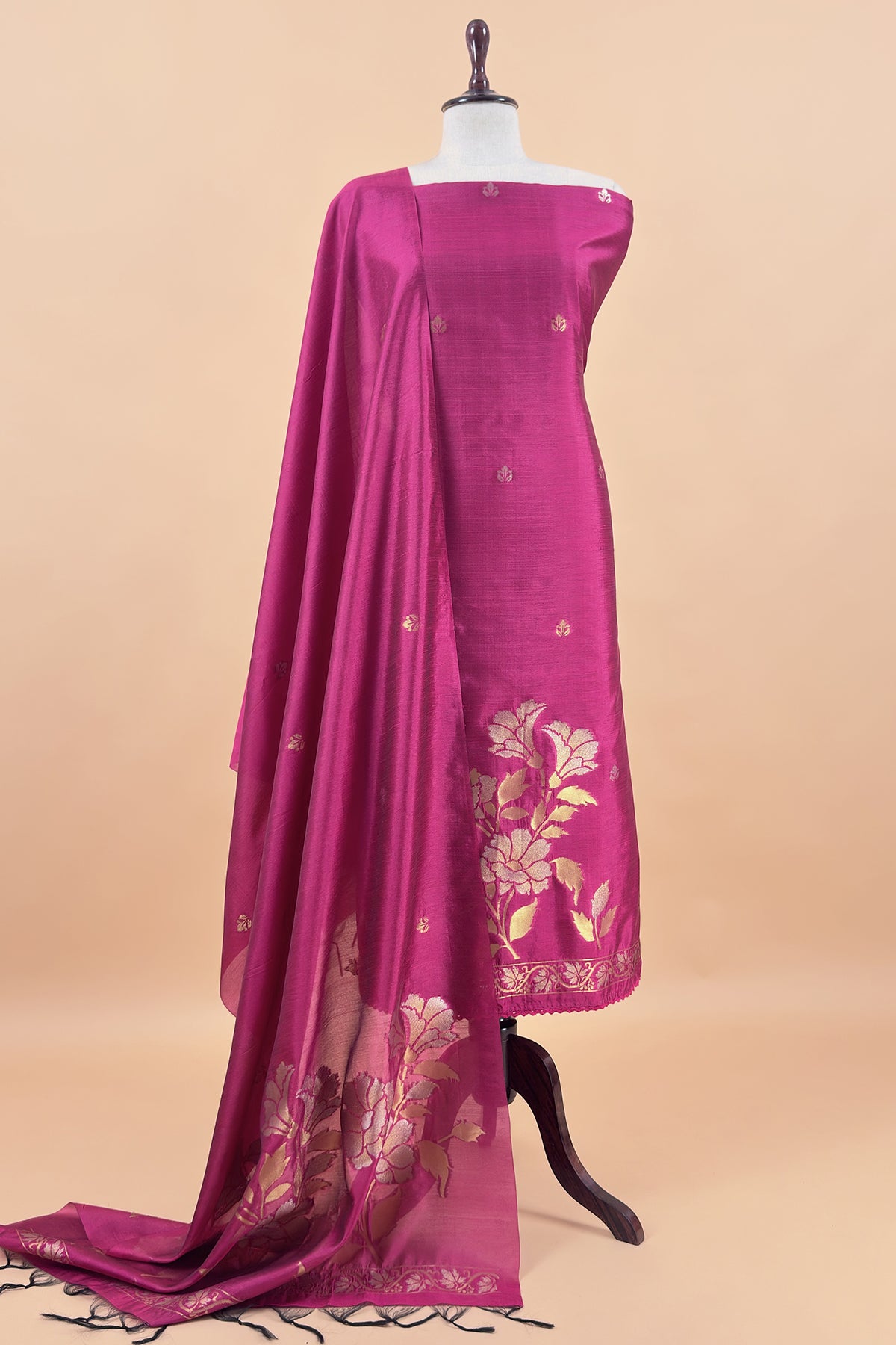 Pink Silk Unstitched Suit With Gold Jamdani weaving