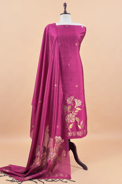 Pink Silk Unstitched Suit With Gold Jamdani weaving