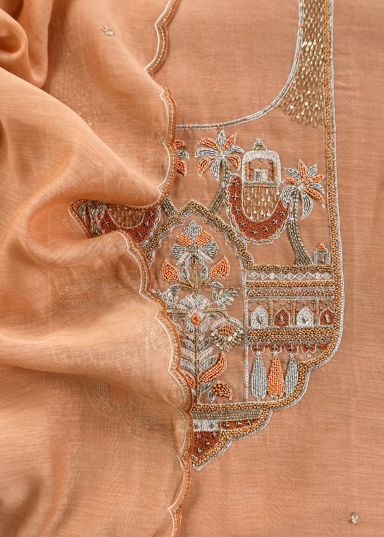 Soft Brown Handloom Mulmul Unstitched Suit Fabric With Handwork