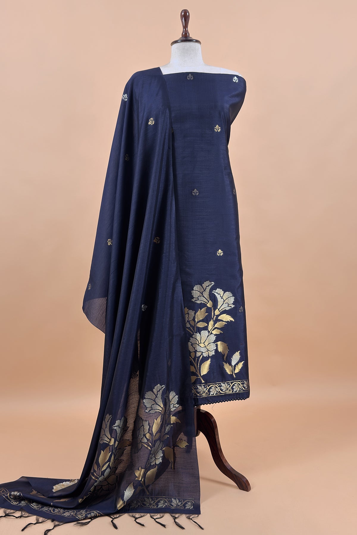 Navy Blue Silk Unstitched Suit With Gold Jamdani Weaving
