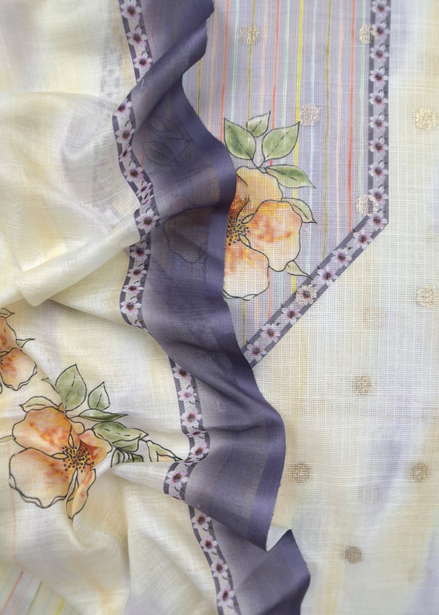 White And Blue Foral Chanderi Blend Unstitched Suit With Zari weaving