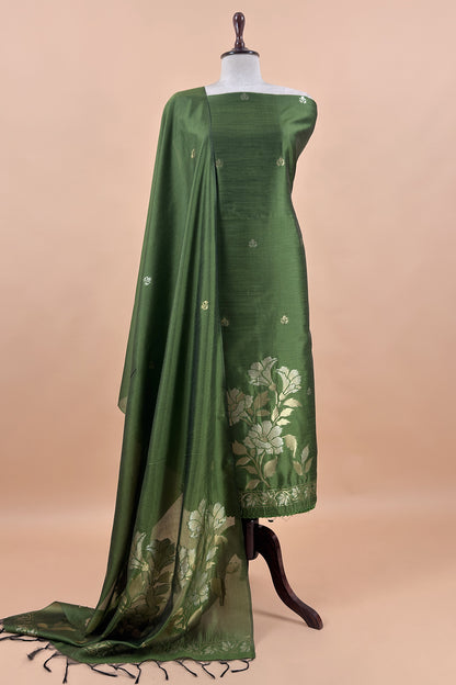 Green Silk Unstitched Suit With Gold Jamdani Weaving