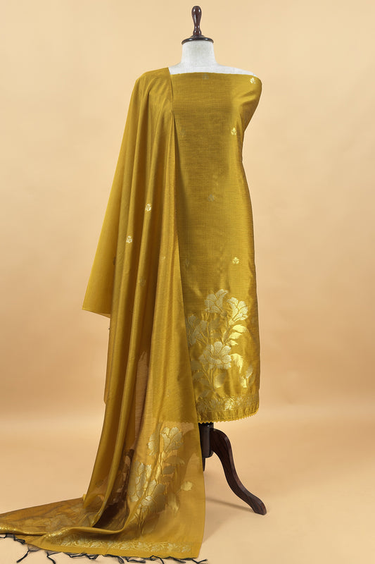 Yellow Silk Unstitched Suit With Gold Jamdani Weaving