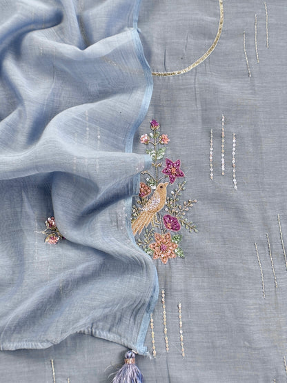 Ice Blue Handloom Mulmul Unstitched Suit With Birds Hand Work