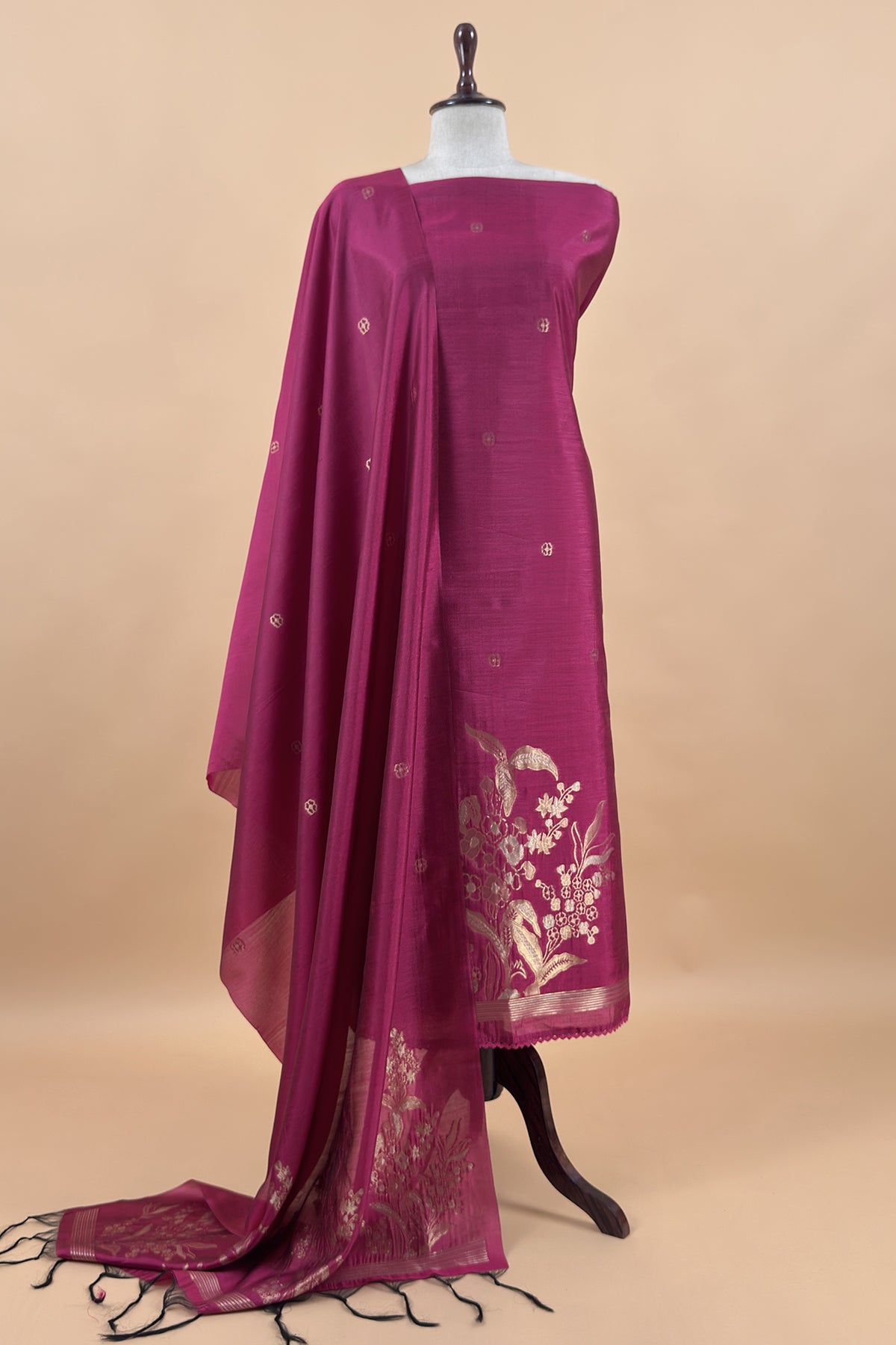 Pink Silk Unstitched Suit With Gold Jamdani weaving