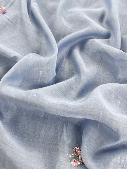 Ice Blue Handloom Mulmul Unstitched Suit With Birds Hand Work