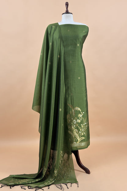 Green Silk Unstitched Suit With Gold Jamdani weaving