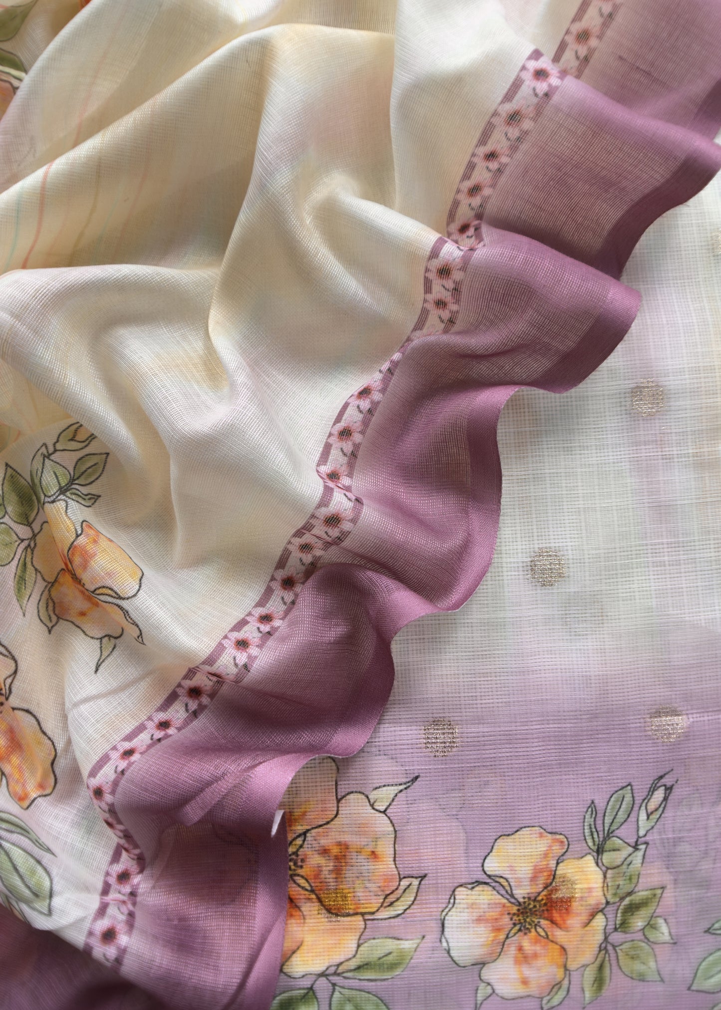 White And Purple Foral Chanderi Blend Unstitched Suit with Zari weaving