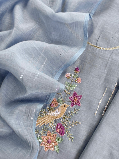 Ice Blue Handloom Mulmul Unstitched Suit With Birds Hand Work