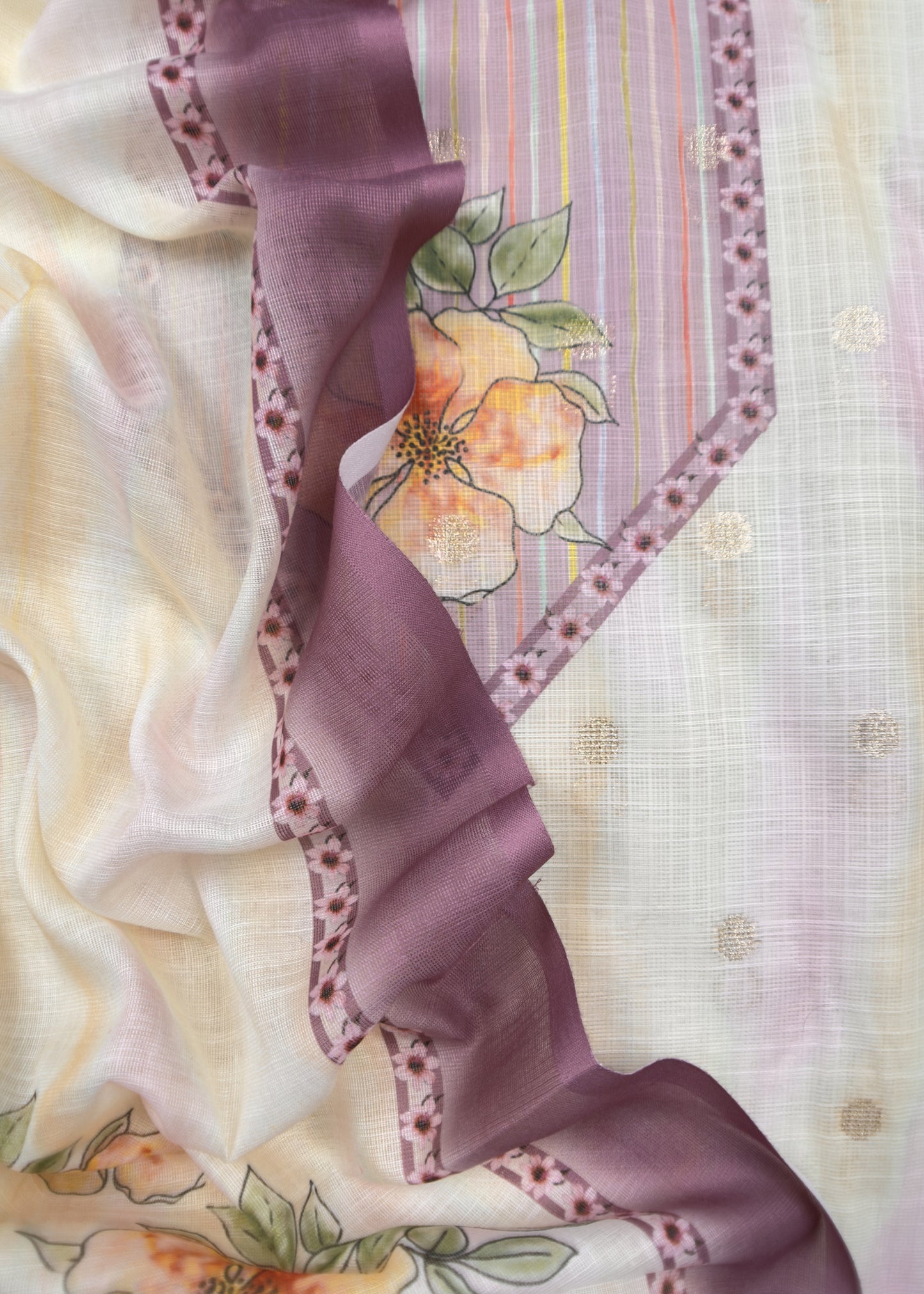 White And Purple Foral Chanderi Blend Unstitched Suit with Zari weaving