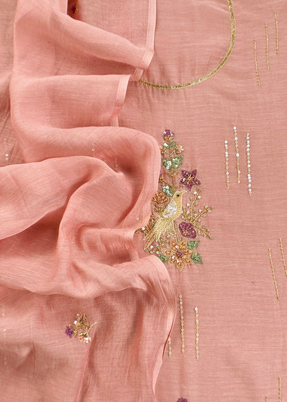 Peach Handloom Mulmul Unstitched Suit With Birds Hand Work