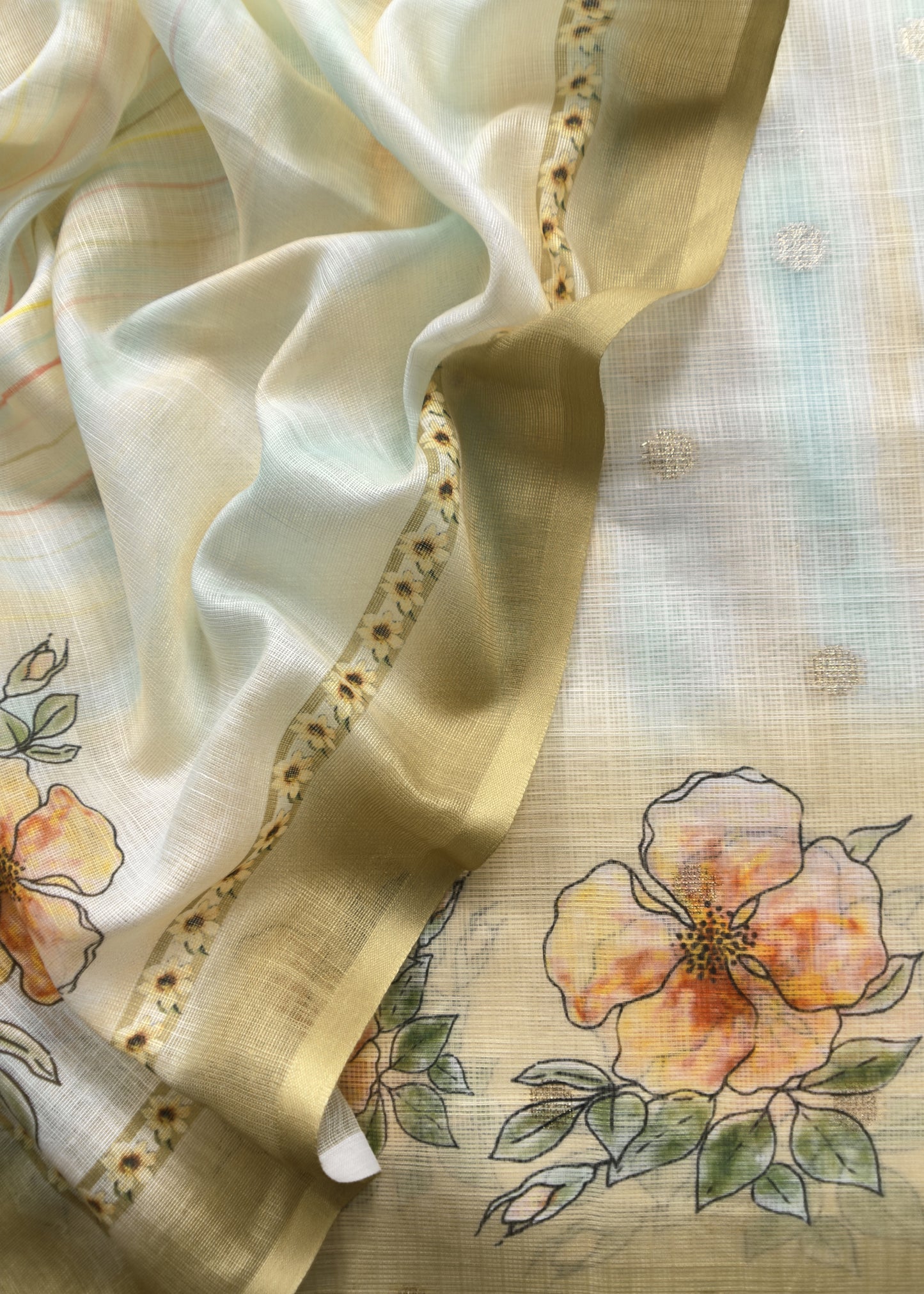 White And Mustard Foral Chanderi Blend Unstitched Suit With Zari Weaving