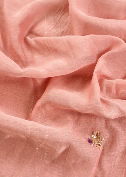 Peach Handloom Mulmul Unstitched Suit With Birds Hand Work