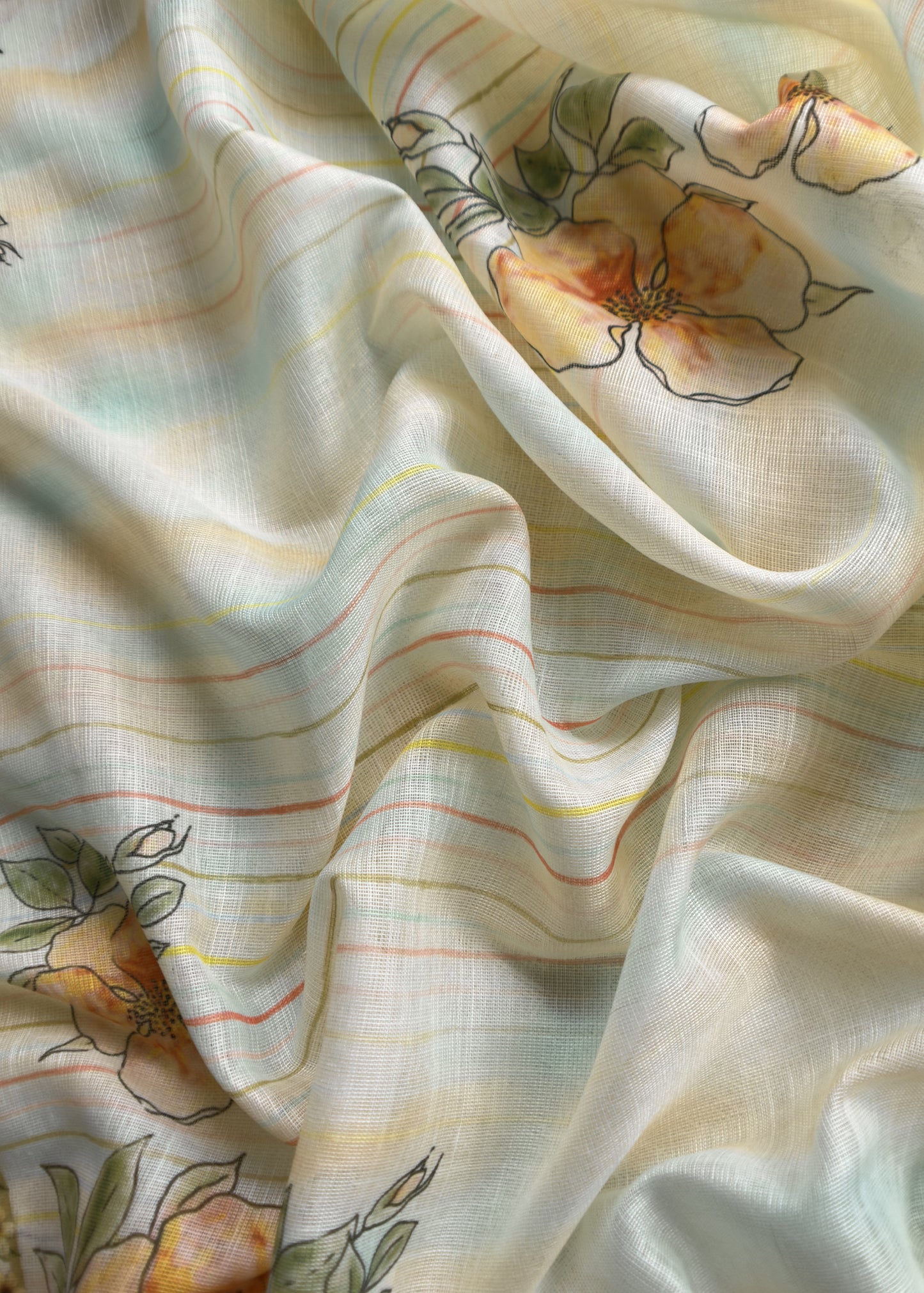 White And Mustard Foral Chanderi Blend Unstitched Suit With Zari Weaving