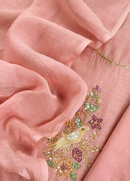 Peach Handloom Mulmul Unstitched Suit With Birds Hand Work