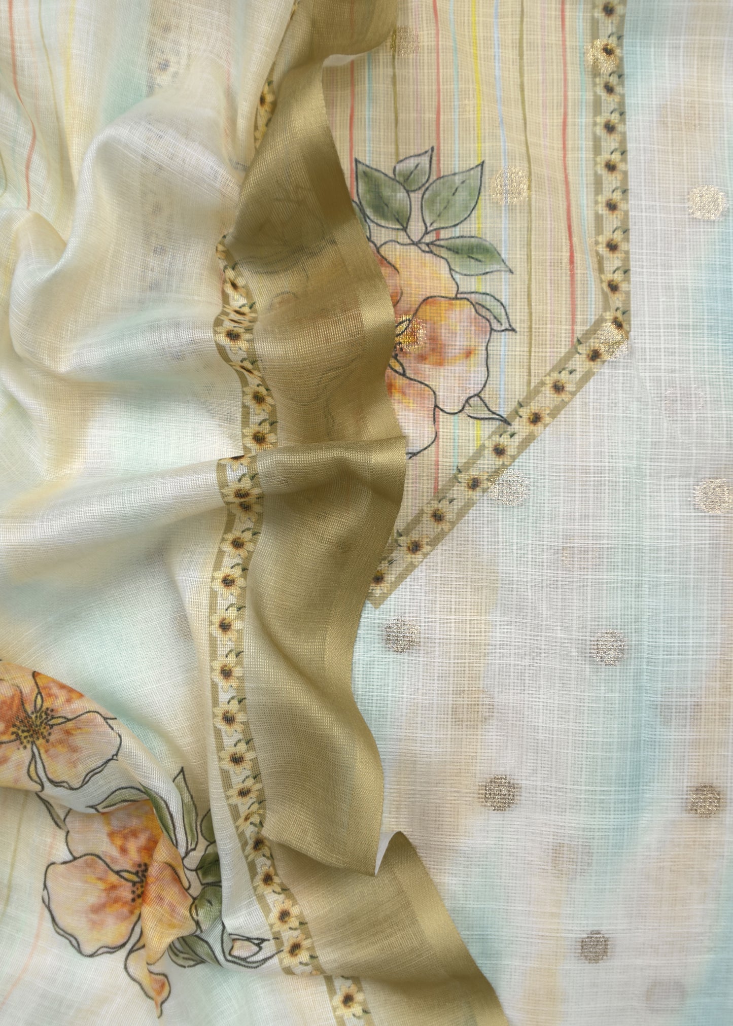 White And Mustard Foral Chanderi Blend Unstitched Suit With Zari Weaving