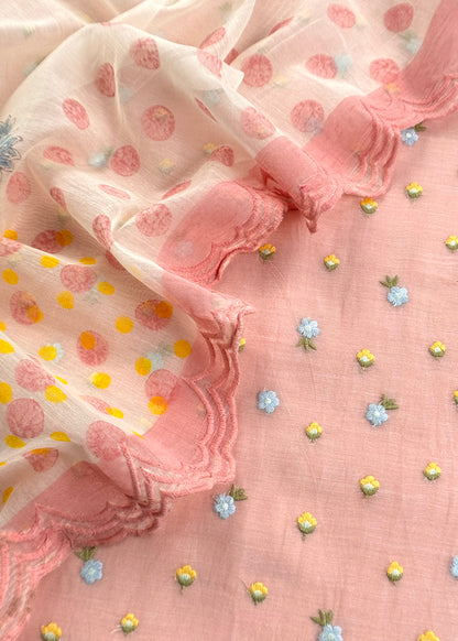 Baby Pink Embroidered Unstitched Mulmul Suit With Scalloped Border.