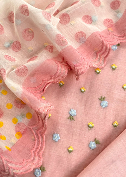 Baby Pink Embroidered Unstitched Mulmul Suit With Scalloped Border.