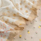 White With Yellow Embroidered Unstitched Mulmul Suit With Scalloped Border.