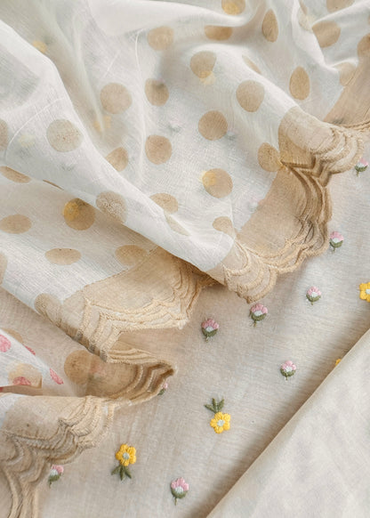 White With Yellow Embroidered Unstitched Mulmul Suit With Scalloped Border.