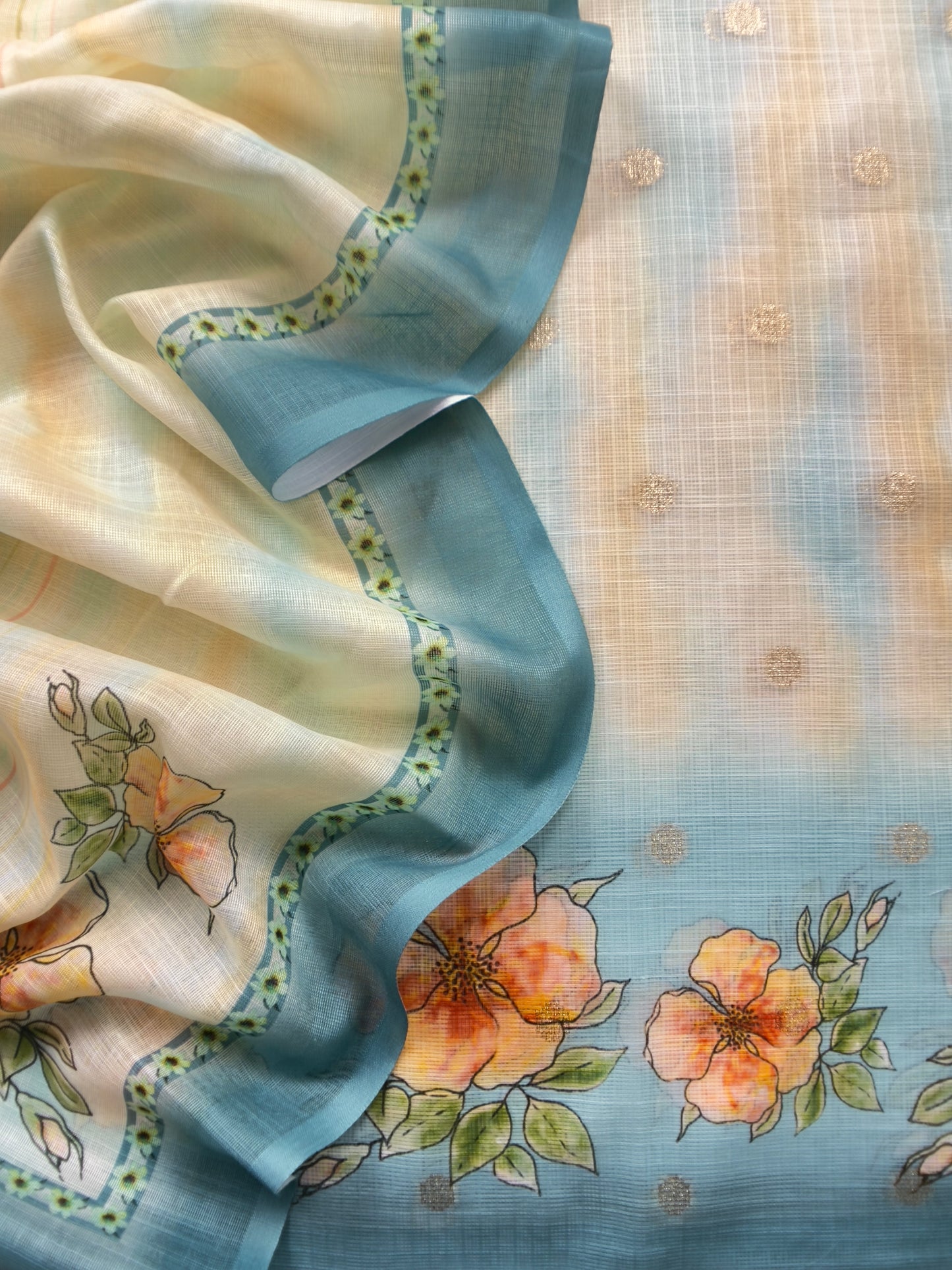 White And Sky Blue Foral Chanderi Blend Unstitched Suit With Zari Weaving