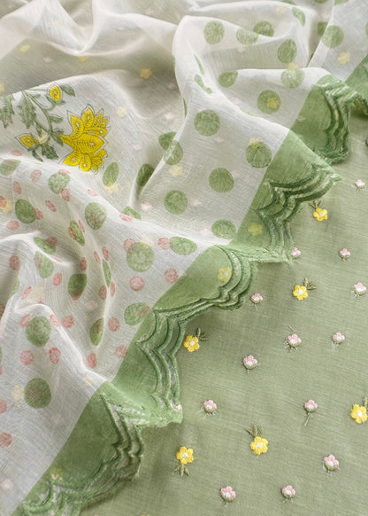 Green Embroidered Unstitched Mulmul Suit With Scalloped Border.