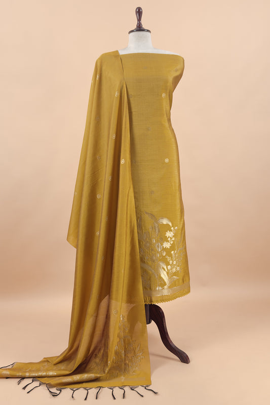 Yellow Silk Unstitched Suit With Gold Jamdani weaving