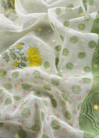Green Embroidered Unstitched Mulmul Suit With Scalloped Border.