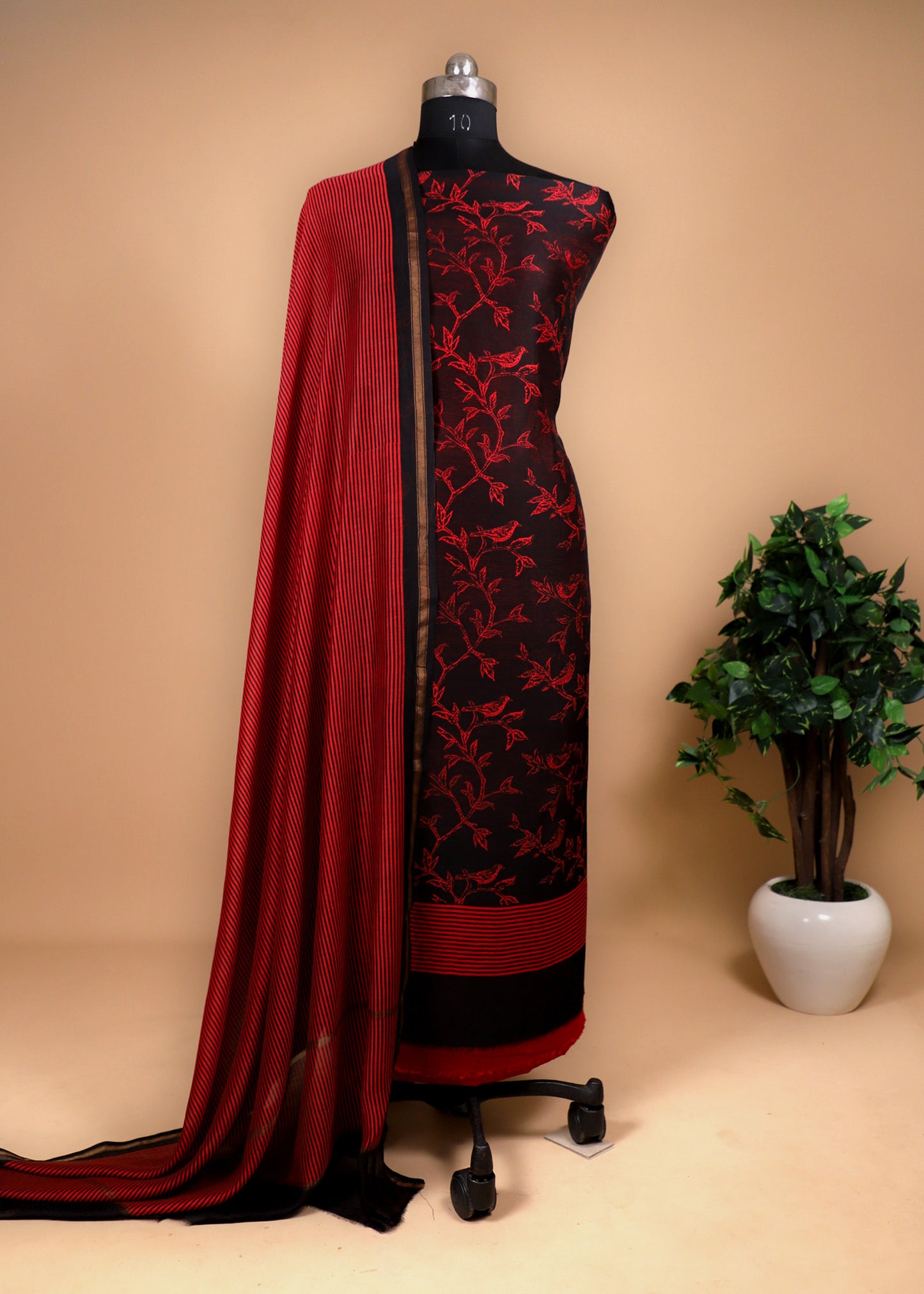 Black Block Print Maheswari Silk Suit With Red Dupatta