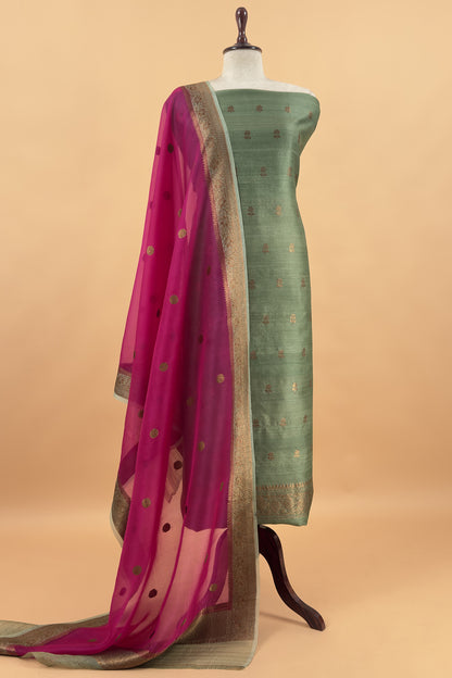 Green And Pink Handloom Raw Silk Suit With Kora Silk Dupatta