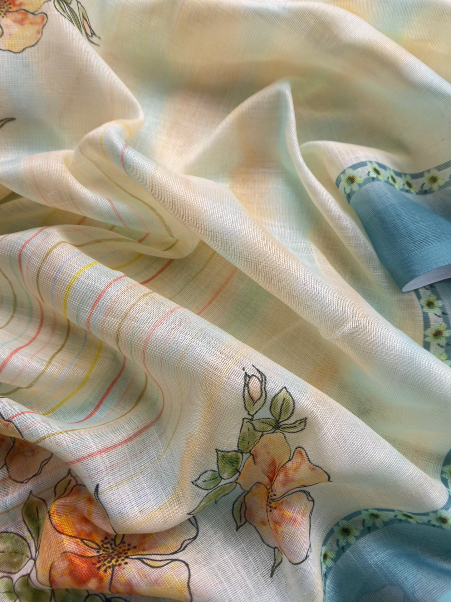 White And Sky Blue Foral Chanderi Blend Unstitched Suit With Zari Weaving