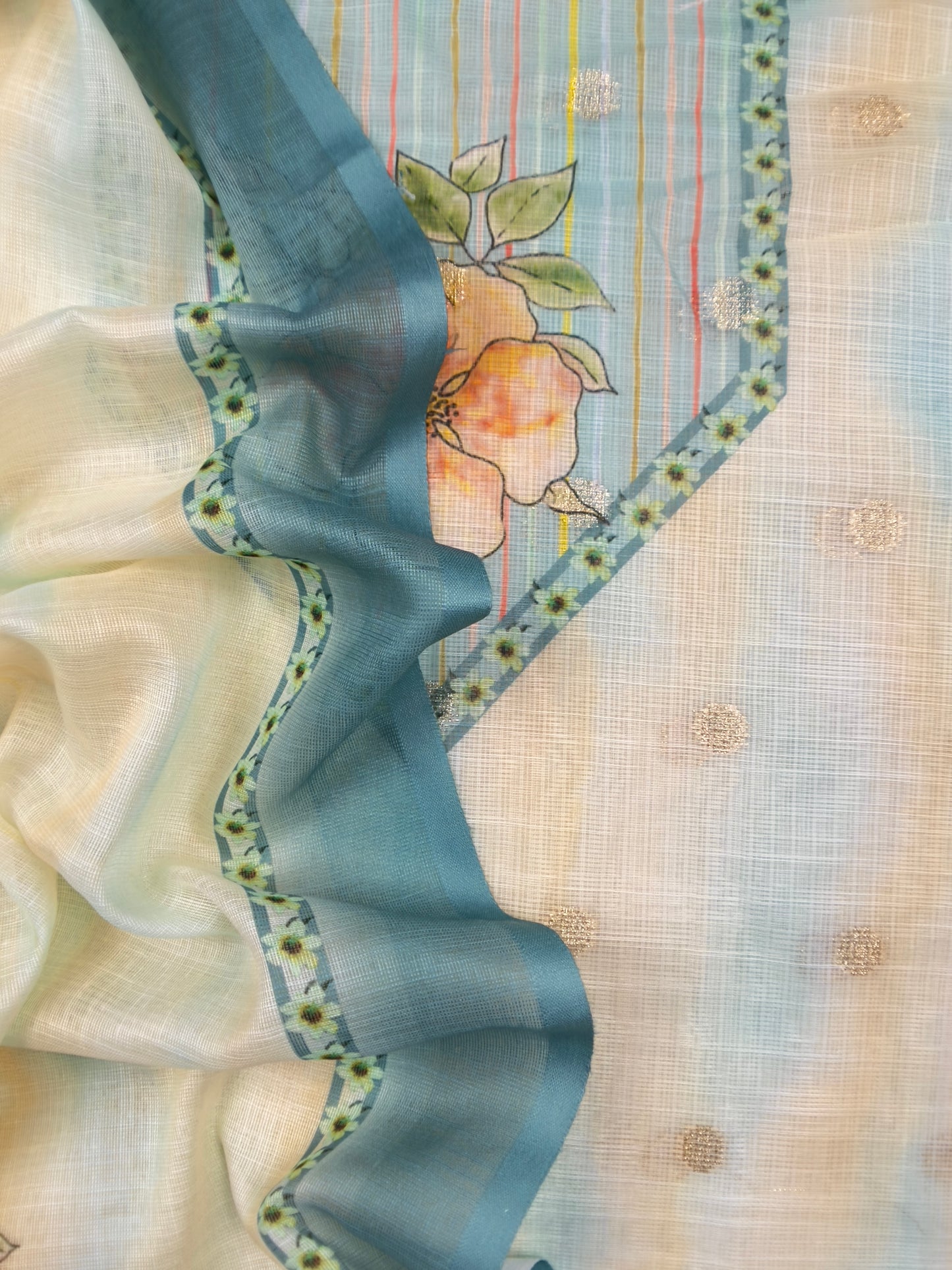 White And Sky Blue Foral Chanderi Blend Unstitched Suit With Zari Weaving