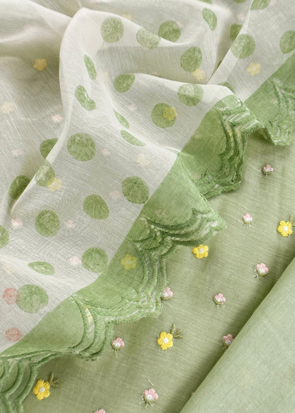 Green Embroidered Unstitched Mulmul Suit With Scalloped Border.