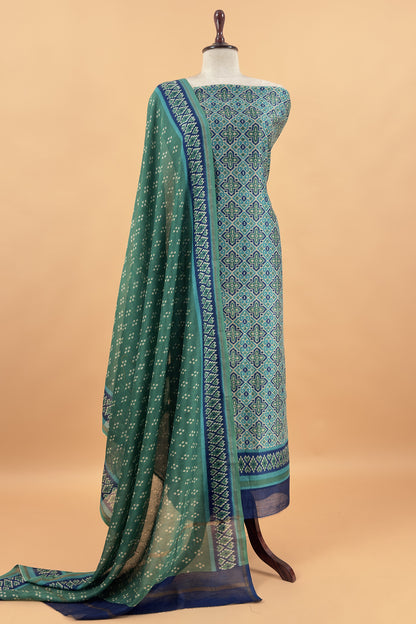 Green Handloom Patola Suit In Maheshwari Silk With Bandhani Dupatta