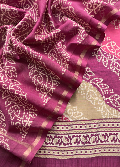 Wine And Gray Bandhani Suit In Maheshwari Silk