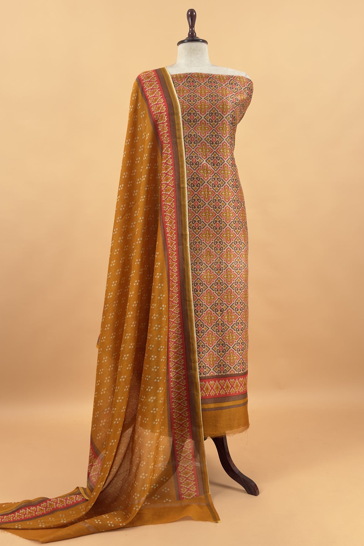 Mustard Handloom Patola Suit In Maheshwari Silk With Bandhani Dupatta