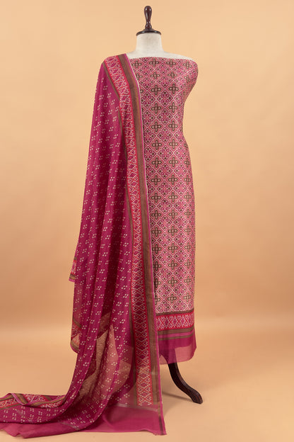 Pink Handloom Patola Suit In Maheshwari Silk With Bandhani Dupatta