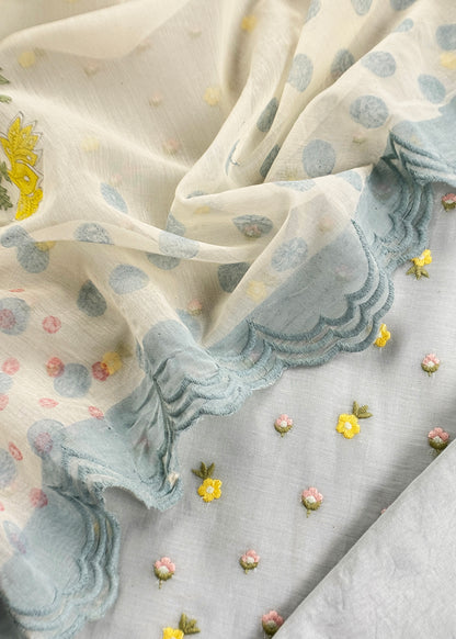 Ice Blue Embroidered Unstitched Mulmul Suit With Scalloped Border.