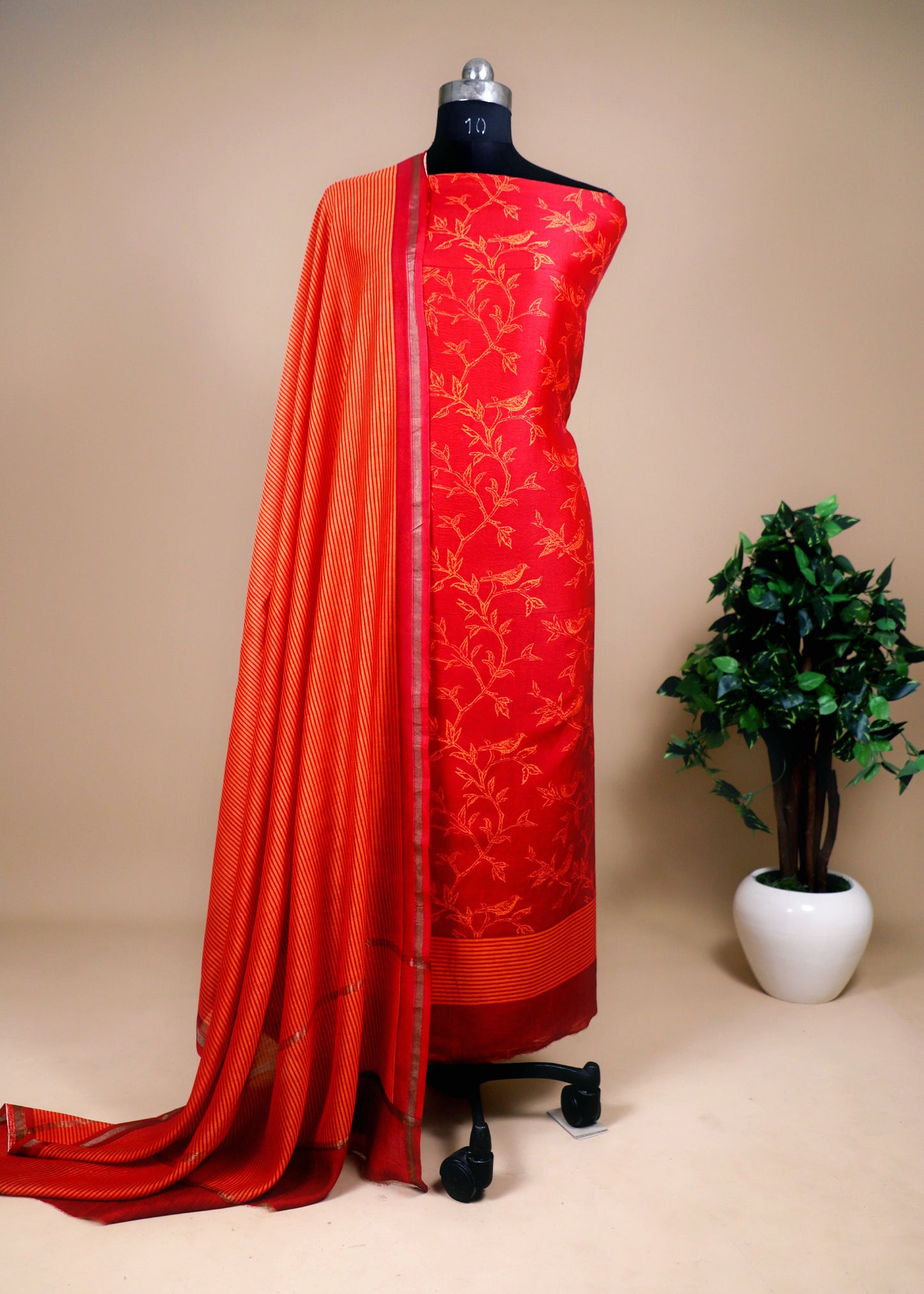 Black Block Print Maheswari Silk Suit With Red Dupatta