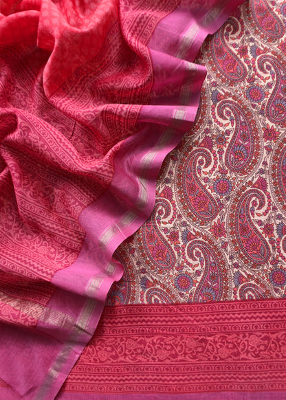 Pink Paisley Block Print Pure Maheshwari Silk Unstitched Suit