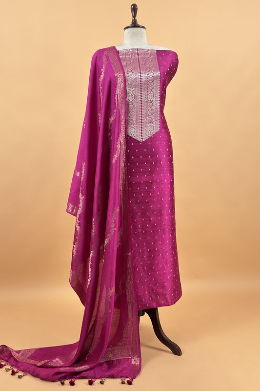 Magenta Pink Pure Raw Silk Suit With Silk Floral Dupatta