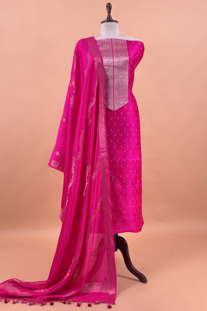 Rani Pink Pure Raw Silk Suit With Silk Floral Dupatta