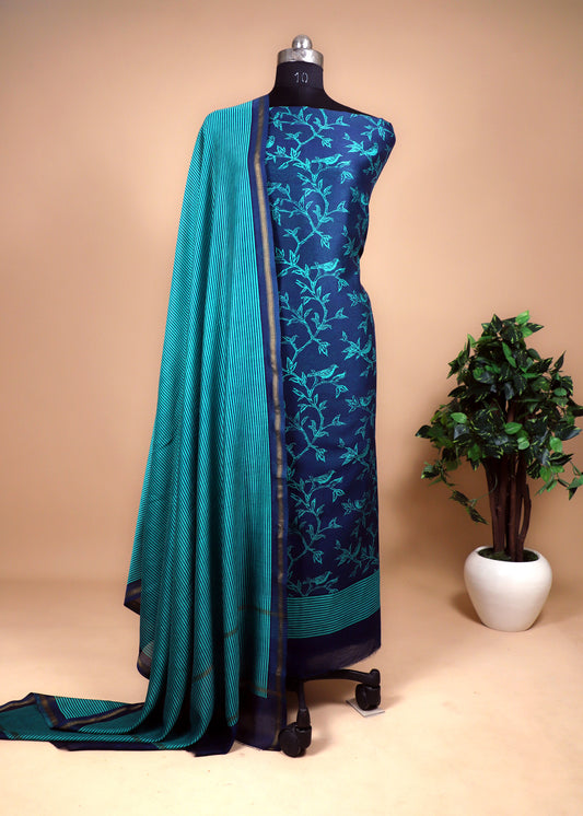 Block Print Maheswari Silk Suit With Blue Dupatta