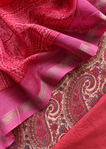 Pink Paisley Block Print Pure Maheshwari Silk Unstitched Suit