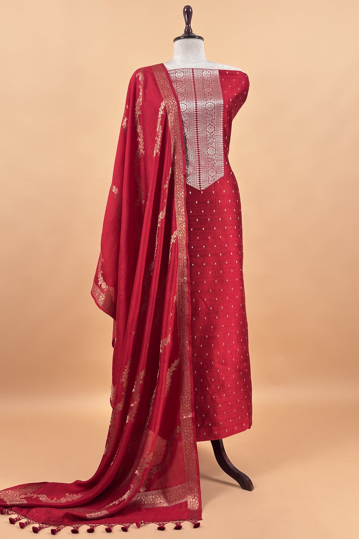 Red Pure Raw Silk Suit With Silk Floral Dupatta