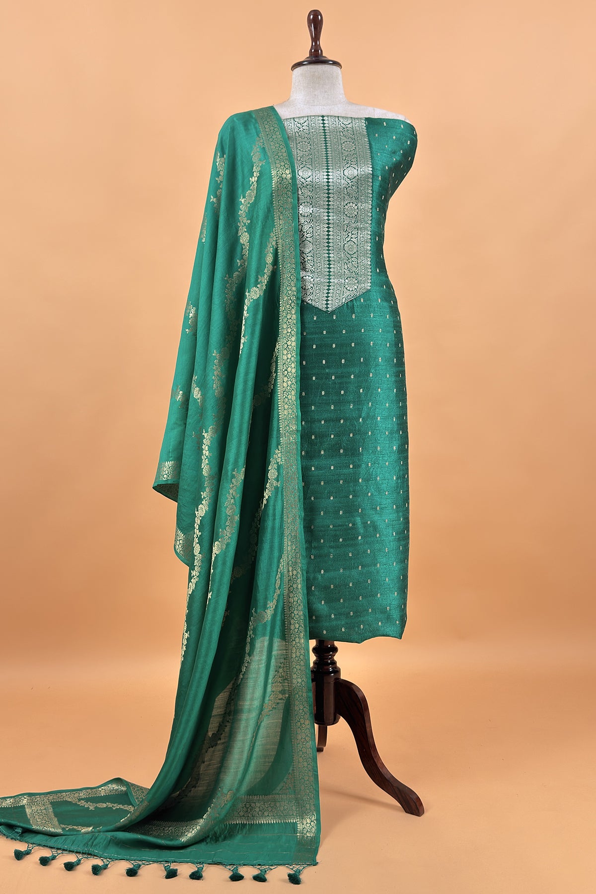 Sea Green Pure Raw Silk Suit With Silk Floral Dupatta